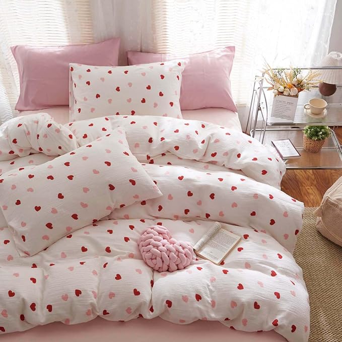 Nayoroom Heart Duvet Cover Full Size Red Pink Hearts Printed on White Coquette - Image 2