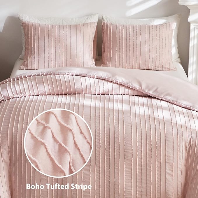 WARMDERN Pink Striped Duvet Cover Set, Boho Textured Tufted Bedding, 2 Piece - Image 2