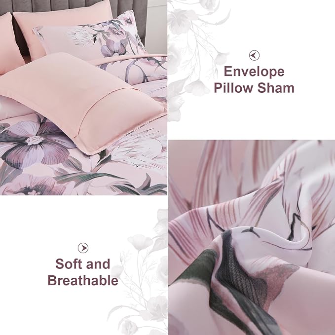 Luxudecor Floral Comforter Set Queen Size 7 Piece, Blush Pink Flower Bed in a - Image 5
