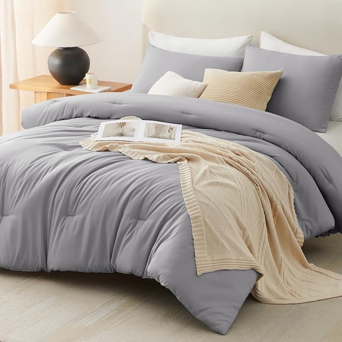 CozyLux King Size Comforter Set Grey, 3 Pieces Solid Comforters King Size - Image 9