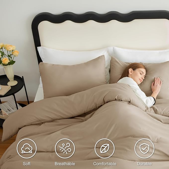 CozyLux King Size Comforter Set Taupe, 3 Pieces Solid Comforters King Size - Image 5