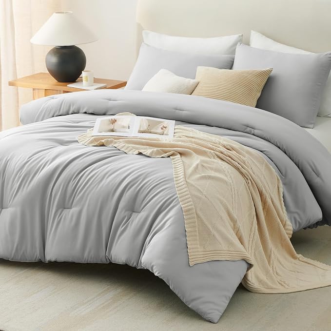 CozyLux King Size Comforter Set Light Grey, 3 Pieces Solid Comforters King Size - Image 7
