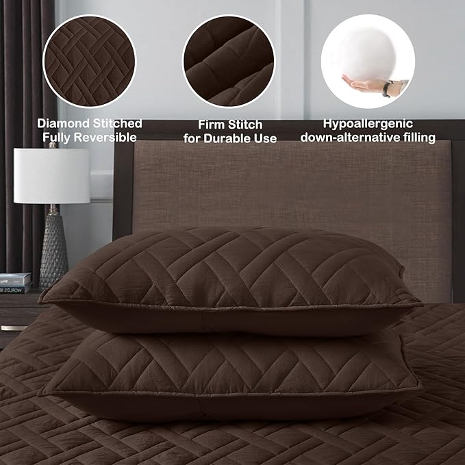 HORIMOTE HOME Quilt Set Twin Size Chocolate, Classic Geometric Diamond Stitched - Image 5