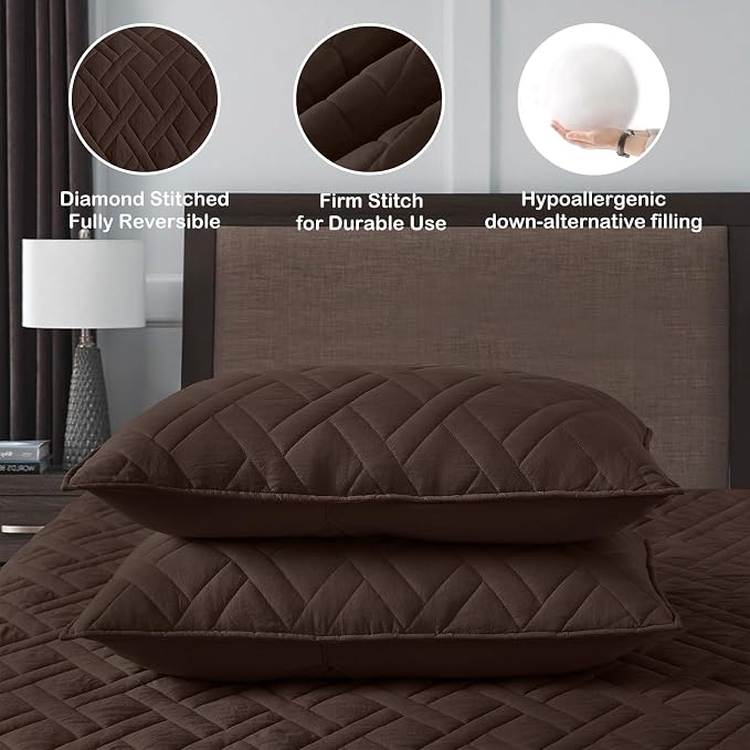HORIMOTE HOME Quilt Set King Size Chocolate, Classic Geometric Diamond Stitched - Image 5
