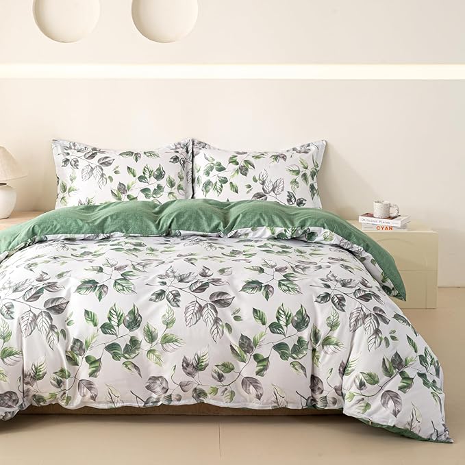 OAITE Duvet Cover King Size, Reversible Leaf White Duvet Cover Set by OAITE