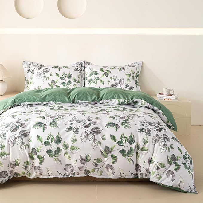 OAITE Duvet Cover Queen Size, Reversible Leaf White Duvet Cover Set by OAITE