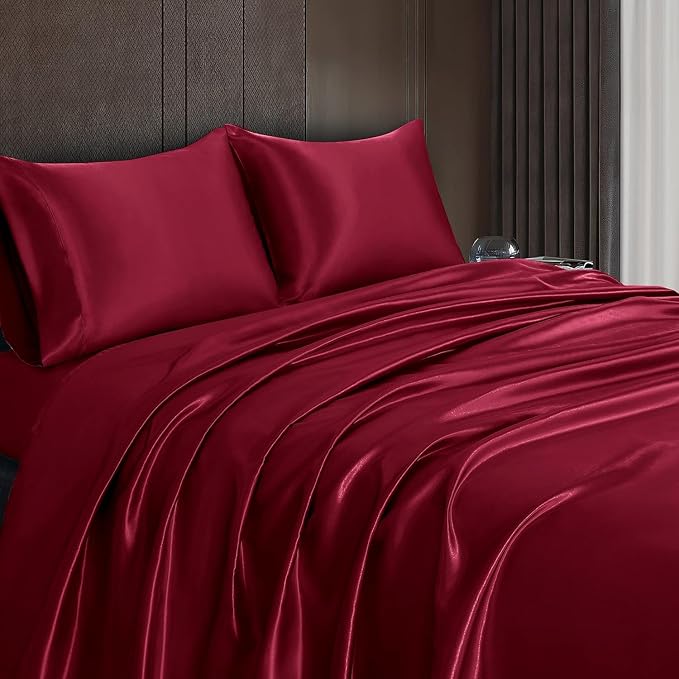 Homiest Burgundy Satin Queen Flat Sheet, Silky Bedding Top Sheet - Image 6