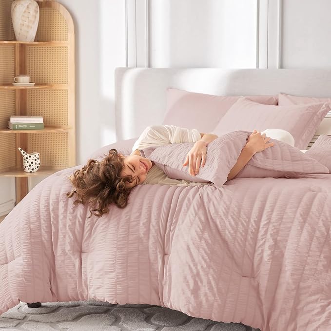MUXHOMO 7 Pieces Queen Comforter Set, Seersucker Bed in a Bag Queen Size - Image 7