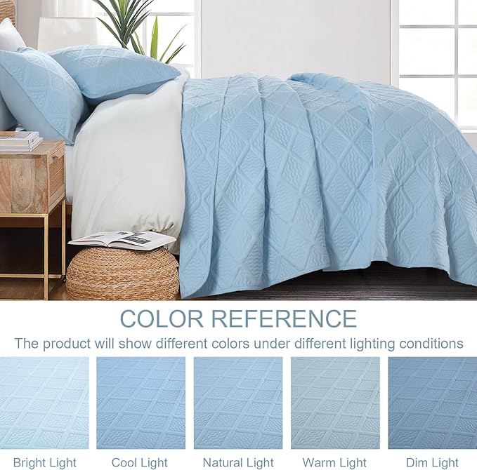 Yiran Ash Blue Quilt Set Queen Size, 3 Piece Reversible Bedspreads Bedding Set - Image 7