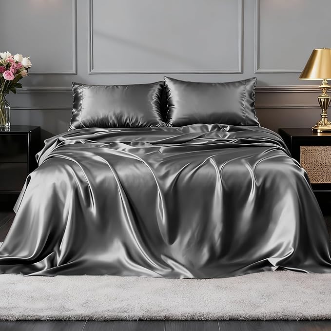 FreshCulture Satin Sheets Queen Size Bed Set- 4 Piece Luxury Soft Silky Queen - Image 2