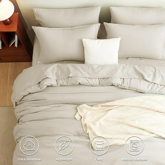 CozyLux King Size Comforter Set Oatmeal, 7 Pieces Bed in a Bag King Comforter - Image 2