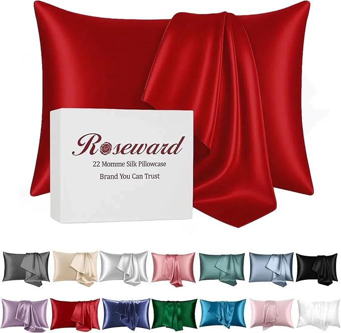 Red Silk Pillow Cases for Hair and Skin Made in USA, 22 Momme, Anti Acne Silk by ROSEWARD