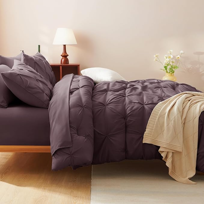 CozyLux Queen Comforter Set Cocoa Powder, 7 Pieces Pintuck Bed in A Bag - Image 8