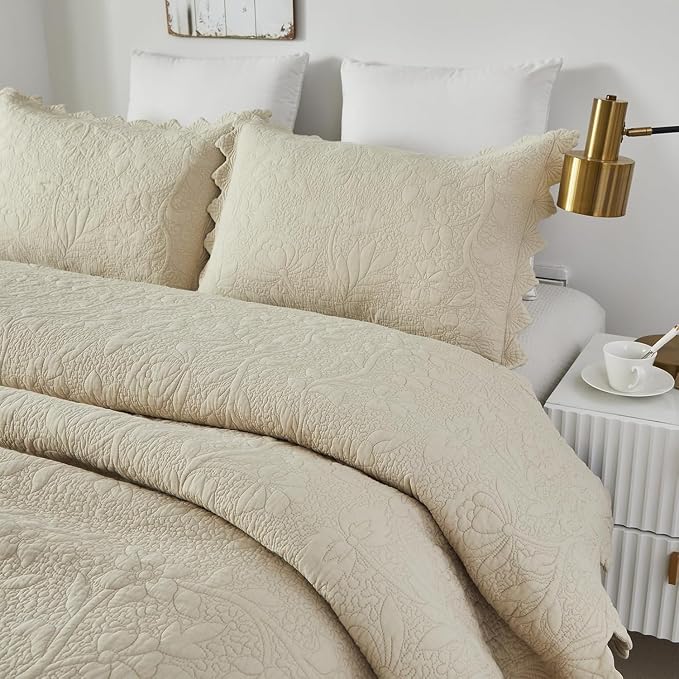 Brandream Beige Quilt Set King Size Cotton Luxury Matelasse Coverlet Set - Image 8