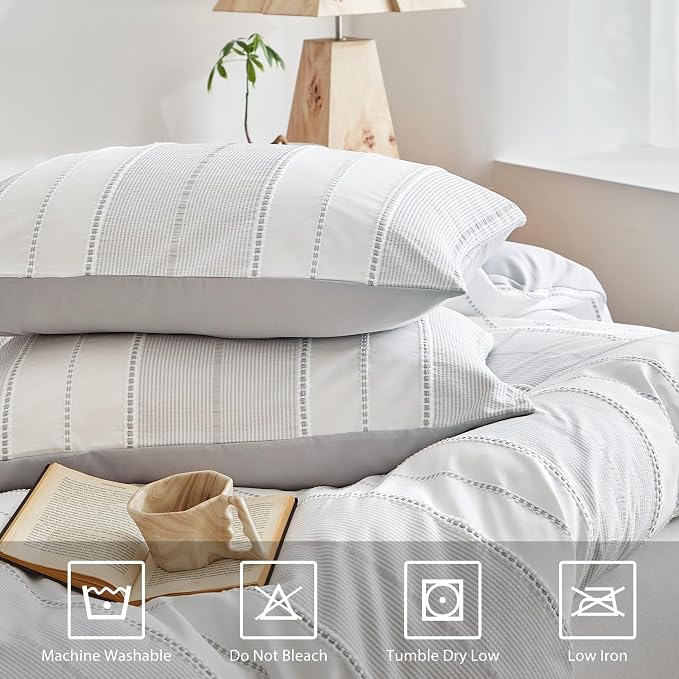 WARMDERN Light Grey Striped Weave Duvet Cover Twin Size, Microfiber Textured - Image 4
