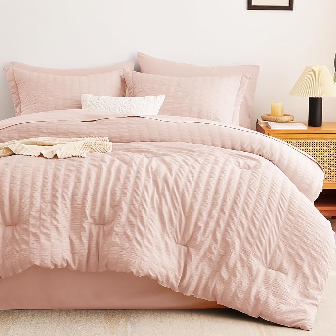 CozyLux Oversized King Comforter Set Blush Pink Seersucker 7 Pieces 120x98 Bed - Image 9