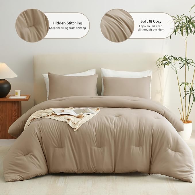 CozyLux King Size Comforter Set Taupe, 3 Pieces Solid Comforters King Size - Image 2