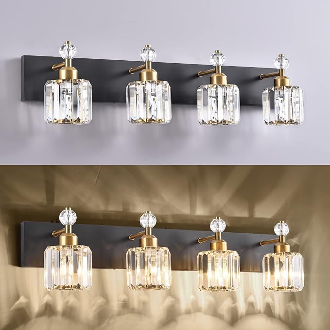 PRESDE 4-Light Crystal Bathroom Vanity Light, Modern Black and Gold Bathroom - Image 6