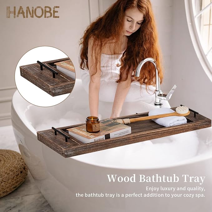 Hanobe Bathtub Tray Bath Caddy: Wood Tub Trays Table Extra Large Rustic Bathtub - Image 2