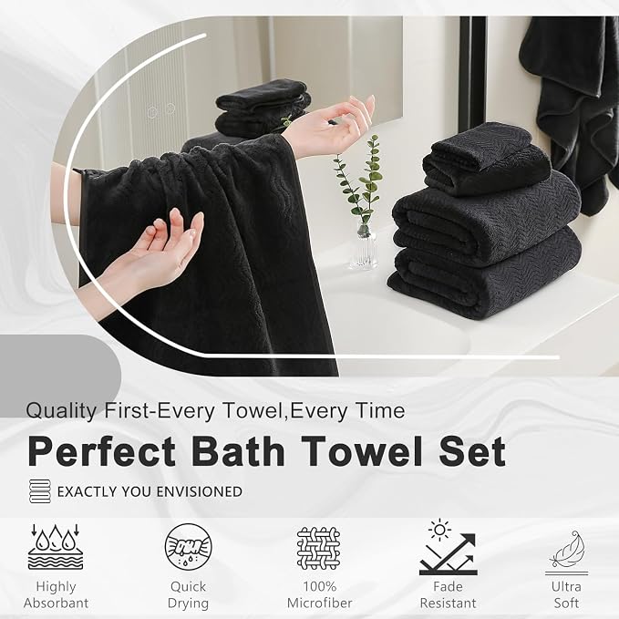 8 Piece Bath Towel Set Black|2 Oversized Large Bath Sheet, 2 Hand Towels - Image 6
