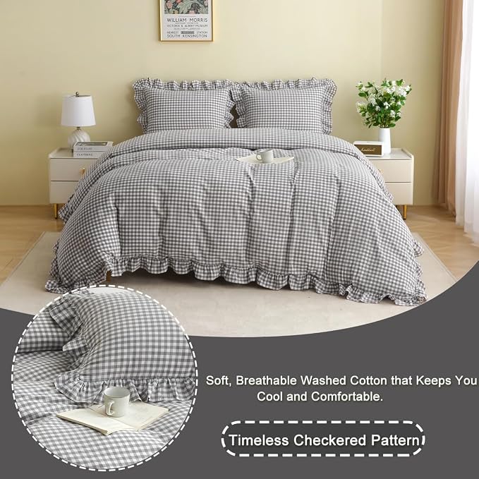 Silnuo Grey/White Checkered Ruffle 3-Piece Duvet Cover Set Queen Size, Washed - Image 3