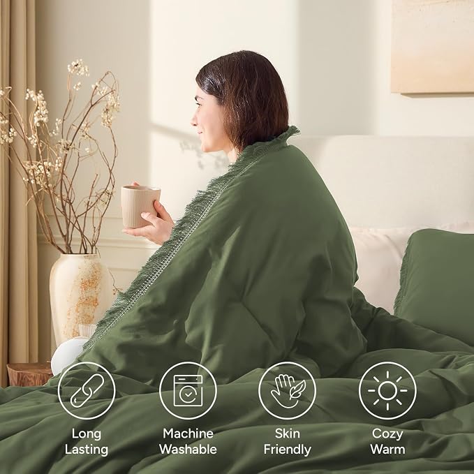 Andency Comforter Set Oversized King Olive Green 120x120, 3 Pieces Boho Fall - Image 4