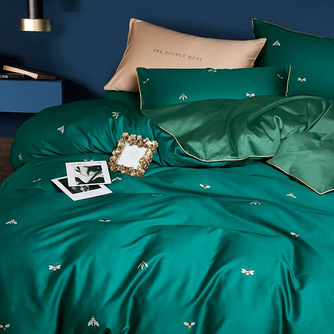 mixinni Dark Green Duvet Cover Full Size, 100% Long Staple Cotton Honeybee - Image 2