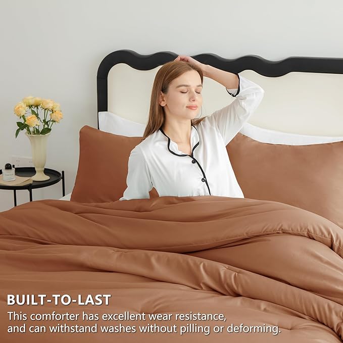 CozyLux Full Size Comforter Set Pumpkin, 3 Pieces Solid Breathable Quilted - Image 3