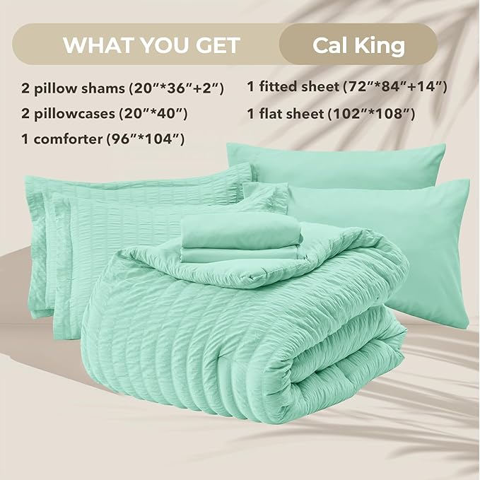 HYMOKEGE Mint Green California King Comforter Set Seersucker 7 Pieces, All - Image 6