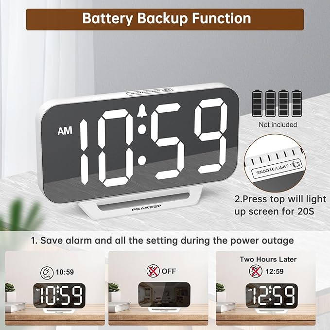 Peakeep Slim Digital Mirror Aesthetic Alarm Clock - Image 6