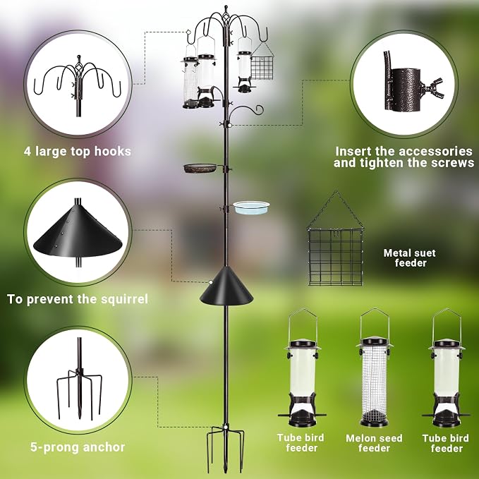 YINGYM 6-Hook Bird Feeding Station Kit Wild Bird Feeder Stand Pole, Mesh Tray - Image 3