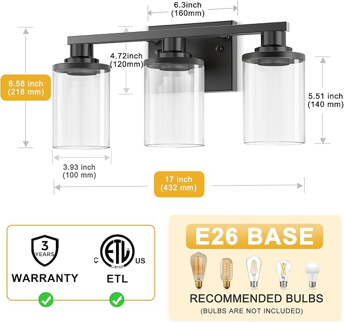 L LOHAS LED 3-Light Bathroom Vanity Light, 17 Inch Matte Black Bathroom Lighting - Image 5