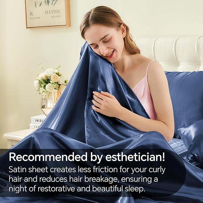 BEDELITE Satin Sheets Twin Size Bed Set, Luxury Soft Navy Silky Sheets - Image 4