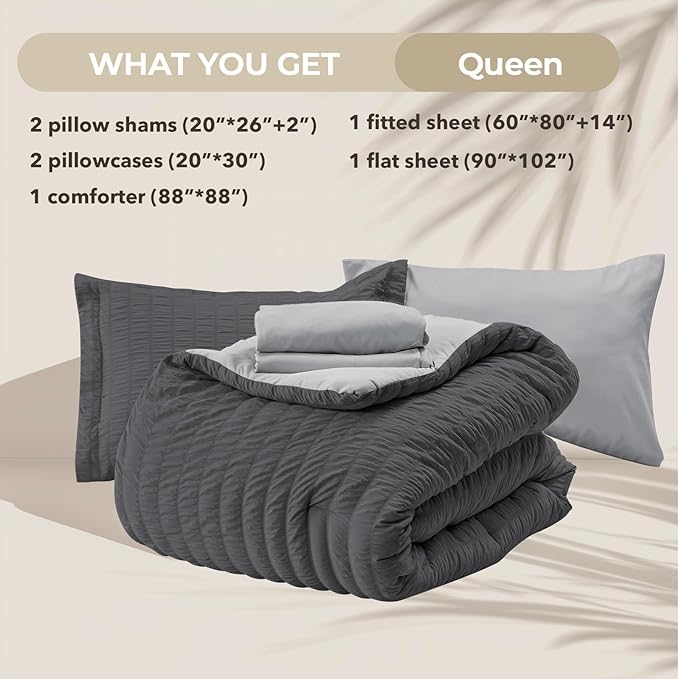 HYMOKEGE Dark Grey/Light Grey Queen Comforter Set Seersucker 7 Pieces, All - Image 5