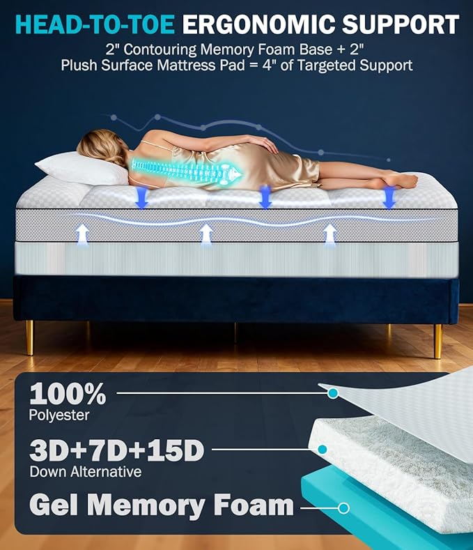 Dual Layer 4 Inch Memory Foam Mattress Topper King Size, Mattress Pad Cover - Image 6