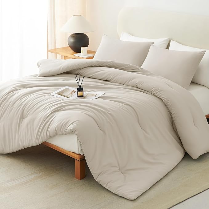 CozyLux Full Size Comforter Set Oatmeal, 3 Pieces Solid Breathable Quilted by CozyLux