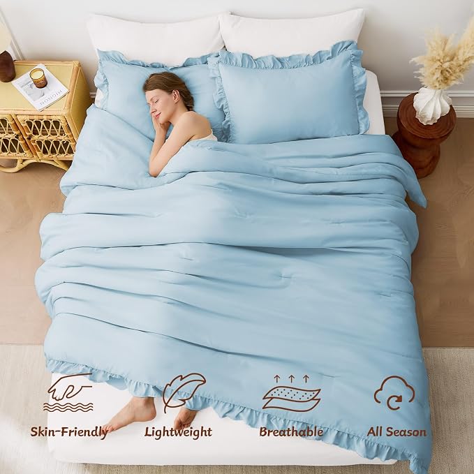 FUANNA King Size Comforter Set Light Blue, 3 Pieces Ruffle King Bedding Set - Image 2