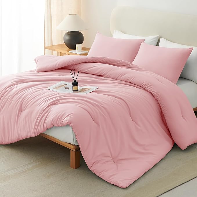 CozyLux Queen Comforter Set Pink, 3 Pieces Solid Comforters Queen Size by CozyLux