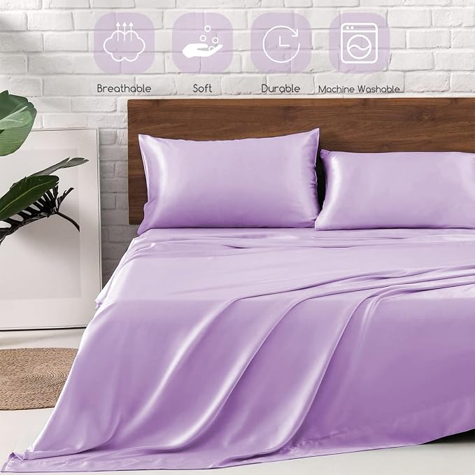 MR&HM Satin Bed Sheets with Elastic Corner Straps, Queen Size Sheets Set - Image 5