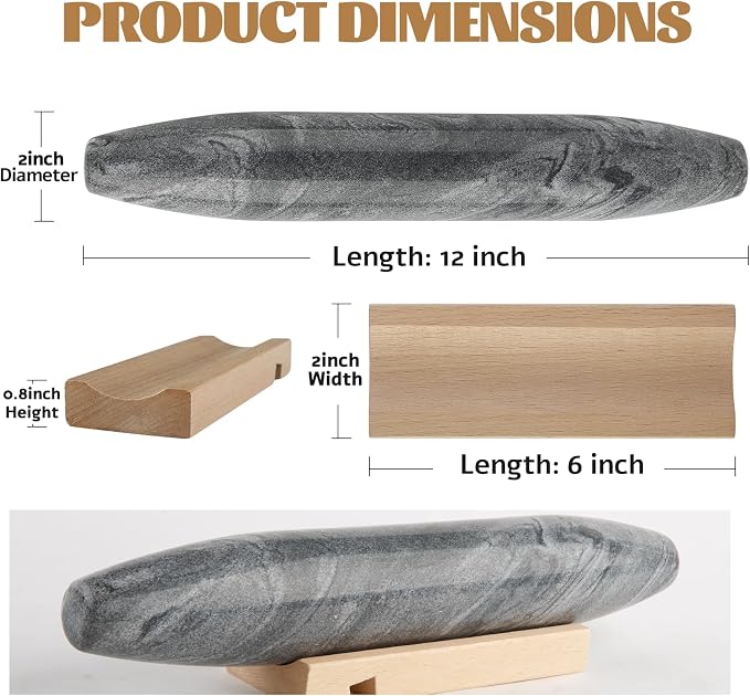 Koville African Natural Grey Marble French Rolling Pin, 12inch Non-Stick - Image 2