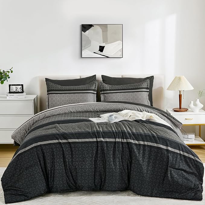 WONGS BEDDING 7 Pieces Comforter Set Queen Size, Dark Grey Black Striped Bed in - Image 9