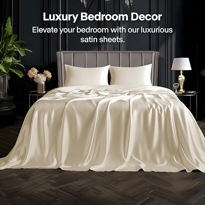 BEDELITE Satin Sheets Full Size Bed Set, Luxury Soft Beige Silky Sheet - Image 2
