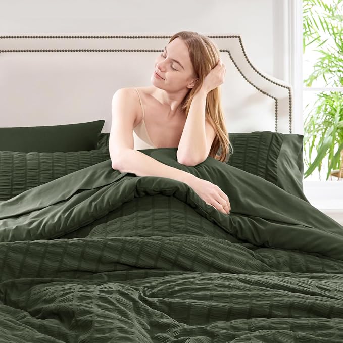 CozyLux Queen Comforter Set Dark Green Seersucker 7 Pieces Bed in a Bag Queen - Image 5