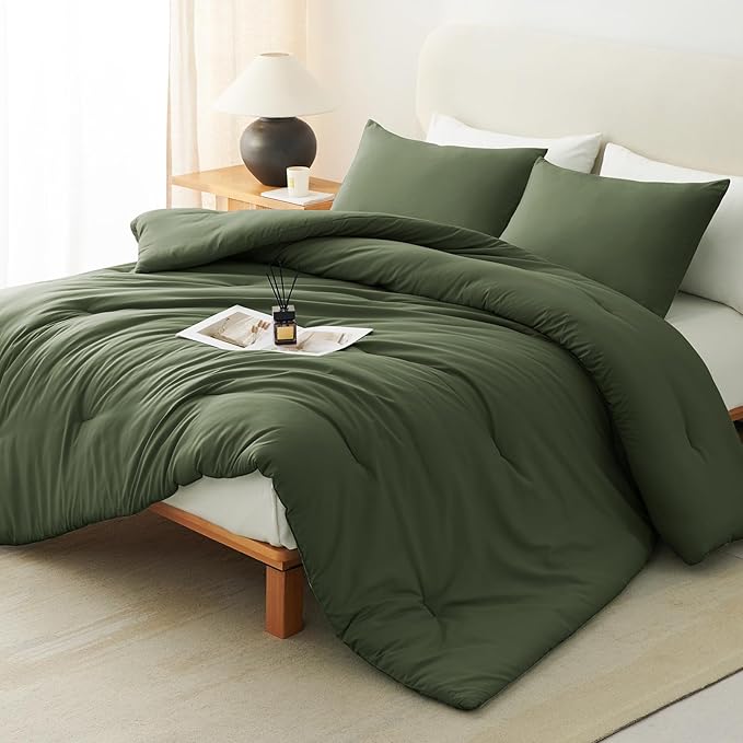 CozyLux King Size Comforter Set Olive Green, 3 Pieces Solid Comforters King by CozyLux