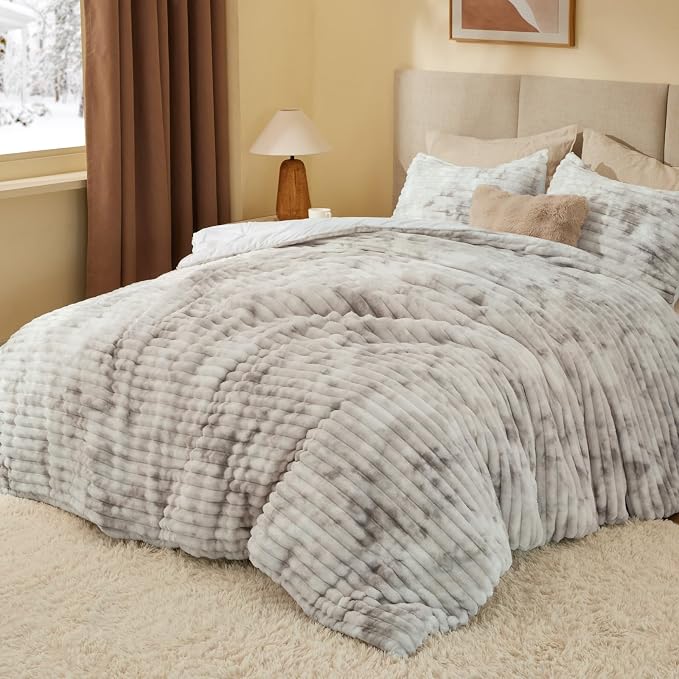 BEDELITE Fleece Twin Comforter Set -Super Soft & Warm Fluffy Grey&White Bedding - Image 2