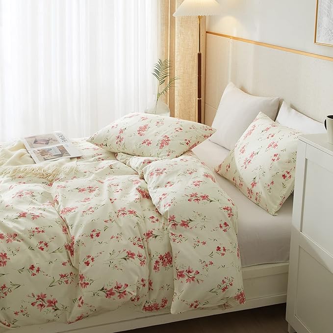 mixinni Boho Red Floral Girl Duvet Cover Set, Soft Cotton King Size 3-Piece - Image 4