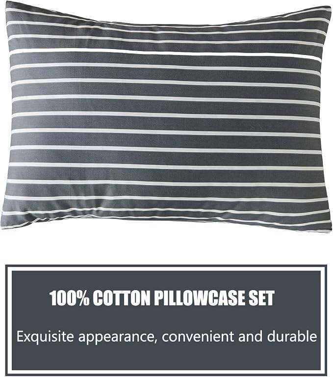 JELLYMONI 100% Natural Cotton 3pcs Striped Duvet Cover Sets, Dark Grey - Image 8
