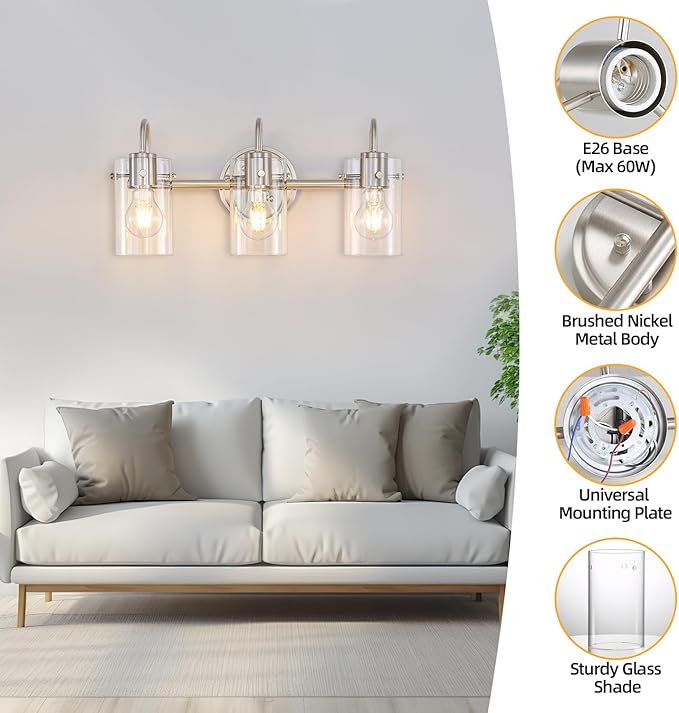 3 Lights Vanity Light Fixture, Brushed Nickel Bathroom Wall Sconces, Modern - Image 3