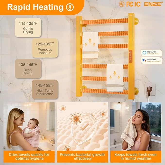 ENZE Smart Heated Towel Rack, 6-Bar Wall-Mounted Electric Towel Warmer 150W - Image 3