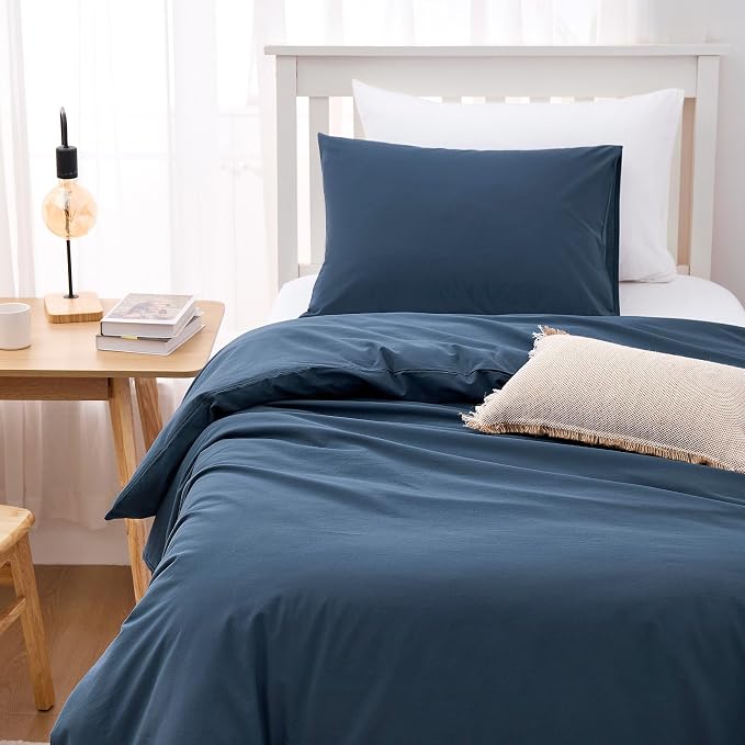 Wake In Cloud - Cotton Duvet Cover Set, Twin Size, Dark Navy Blue, 100% Washed - Image 3
